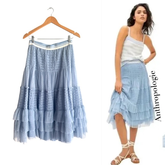 Anthropologie Dresses & Skirts - Anthropologie Maeve Tulle Skirt Swiss Dot ruffled midi with stripe elastic waist
